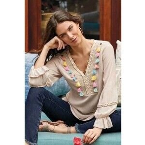 Soft Surroundings Clementine Tunic‎ Top Embroidered Tassels Accent Medium boho